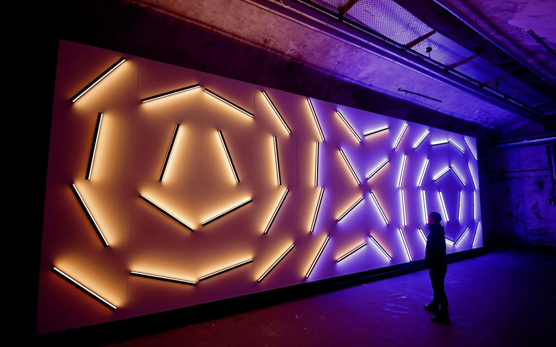 A visitor silhouetted against the laser geometry of Echoes of Tomorrow